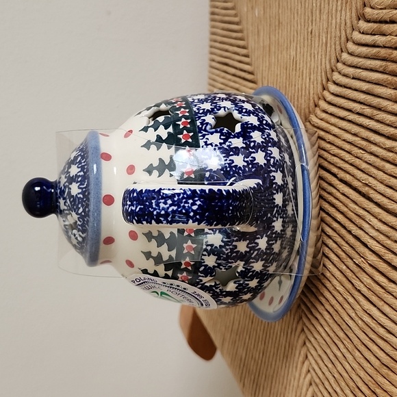 Wiza Blue White Ceramic Teapot w/ Saucer Handmade Made In Poland Cabin Christmas - Picture 2 of 5